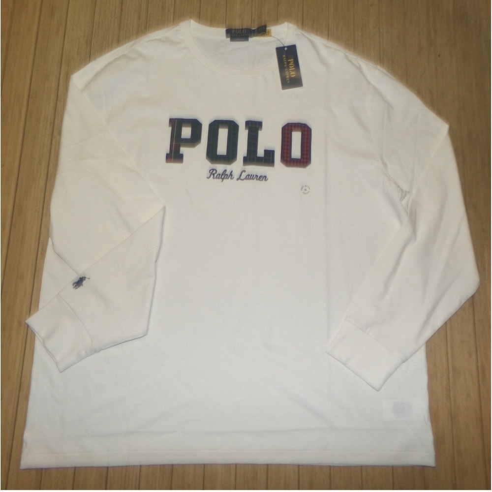 Polo Ralph Lauren Mens XL Off White Plaid Logo Long Sleeve T-Shirt Classic Fit